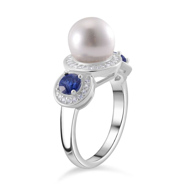 Wei&szlig;e Muschelkernperle (7-9 mm), Kyanit Ring 925 Silber platiniert (Gr&ouml;&szlig;e 16.00) image number 3