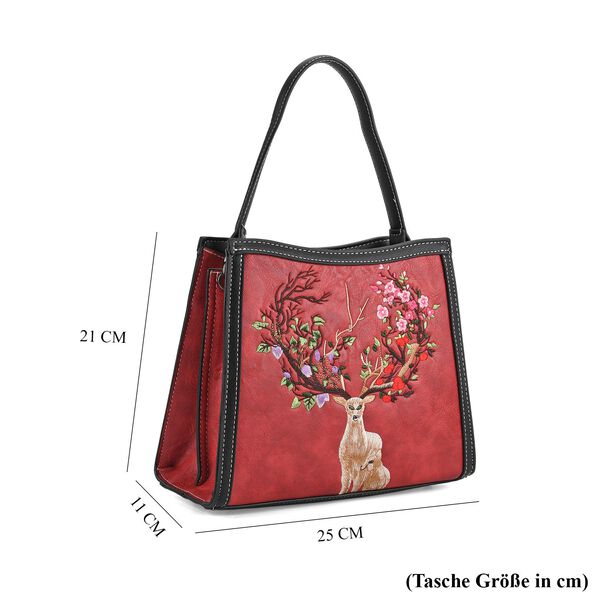 "PU Embroidered crossbody bag Color: Red  Size:  25*11*21cm   Wall: PU Lining: Polyester Exterior:zipped-1,pocket-1 Interior: zipped-2,slid-1 Long Shoulder strap:130cm " image number 8