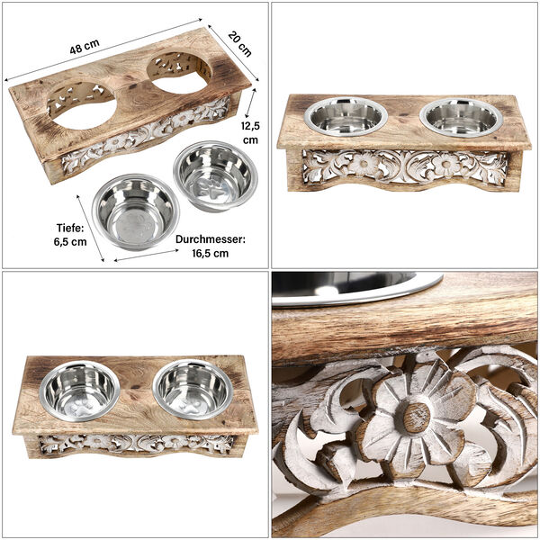 NAKKASHI handgeschnitzter Futternapf aus Mangoholz mit Edelstahl-Sch&uuml;sseln, hellbraun image number 4