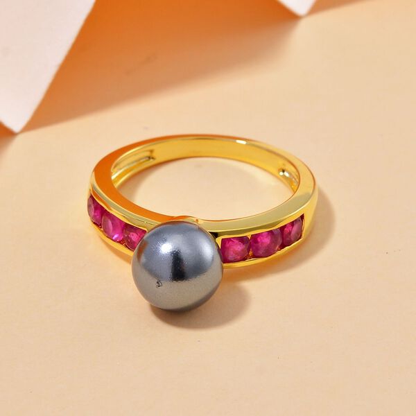 Tahiti Muschelkernperle, Afrikanischer Rubin (Fissure gefüllt) Ring 925 Silber vergoldet (Größe 16.00) image number 1