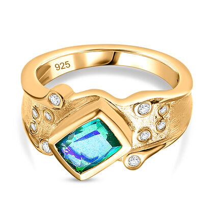 Pfau Quarz Triplette, Wei&szlig;er Zirkon Ring 925 Silber 750 Gelbgold Vermeil (Gr&ouml;&szlig;e 17.00) ca. 1,79 ct