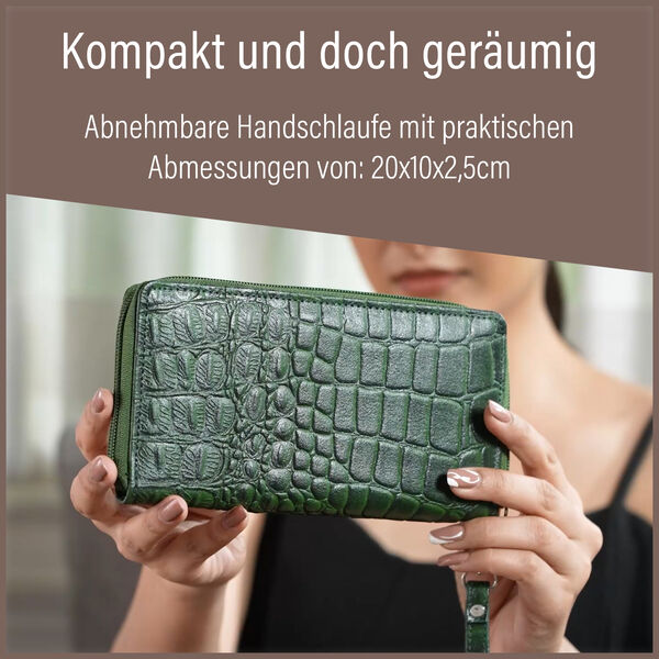 RFID-geschützte Brieftasche aus 100% echtem Leder mit Kroko-Prägung und abnehmbarem Trageschlaufe, dunkel grün image number 5