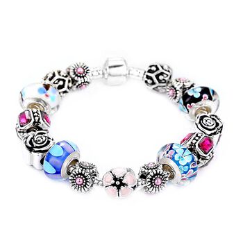 Multi-Glas und rosa Kristall Charm-Armband im Designer-Stil, 19 cm