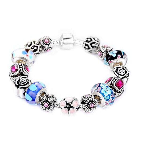 Multi-Glas und rosa Kristall Charm-Armband im Designer-Stil, 19 cm