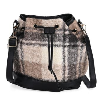 Bucket Crossbody Bag - Modische Beuteltasche mit Kordelzug, Beige Kontrast-Karo-Kunstfell, Gr&ouml;&szlig;e: 22x18x25 cm, schwarz