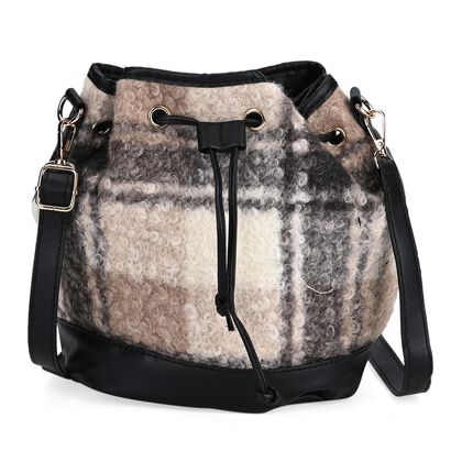 Bucket Crossbody Bag - Modische Beuteltasche mit Kordelzug, Beige Kontrast-Karo-Kunstfell, Gr&ouml;&szlig;e: 22x18x25 cm, schwarz