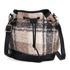 Bucket Crossbody Bag - Modische Beuteltasche mit Kordelzug, Beige Kontrast-Karo-Kunstfell, Größe: 22x18x25 cm, schwarz