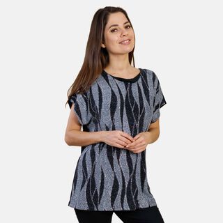 TAMSY - Pailletten Top mit geometrischem Muster, Größe 42, Silber