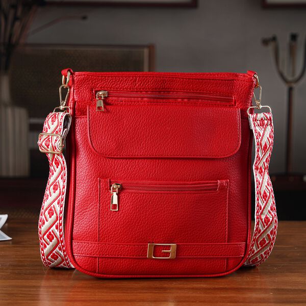 Crossbody-Tasche mit gewebtem Schulterriemen und Reißverschlussfächern, 24x28 cm, Rot image number 2