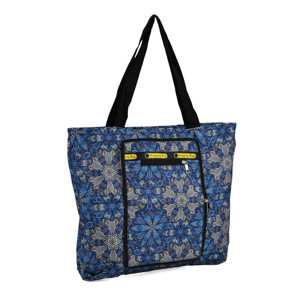 Faltbare Einkaufstasche aus wasserabweisendem Polyester, Blumenmuster, 40x43 cm, Tragegriffe 22 cm, Blau image number 5