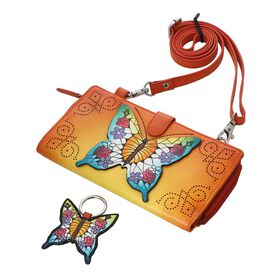 SUKRITI - 100% Leder handbemalte 2-in-1 Brieftasche und Crossbody mit Schmetterling. Größe: 20 x 2.8 x 11cm Orange