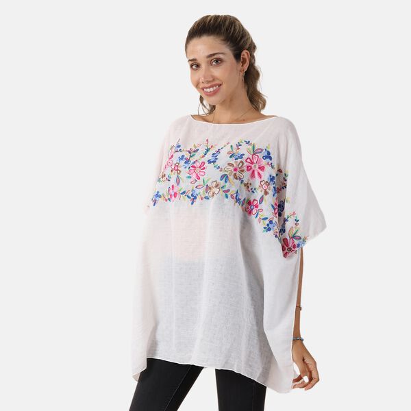 T-Shirt mit Blumen-Stickerei, Wei&szlig;, Einheitsgr&ouml;&szlig;e image number 3