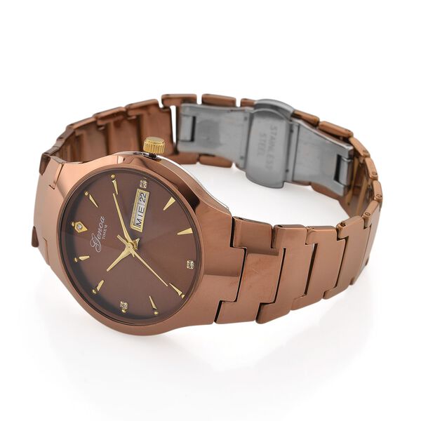 GENOA TIME V2 Uhr mit Japanischem VJ33 Quarzwerk, 36 mm, Zifferblatt mit Kristallen und Datumsanzeige, Armband aus Wolframstahl, 3 ATM wasserdicht, Coffee-Braun image number 5