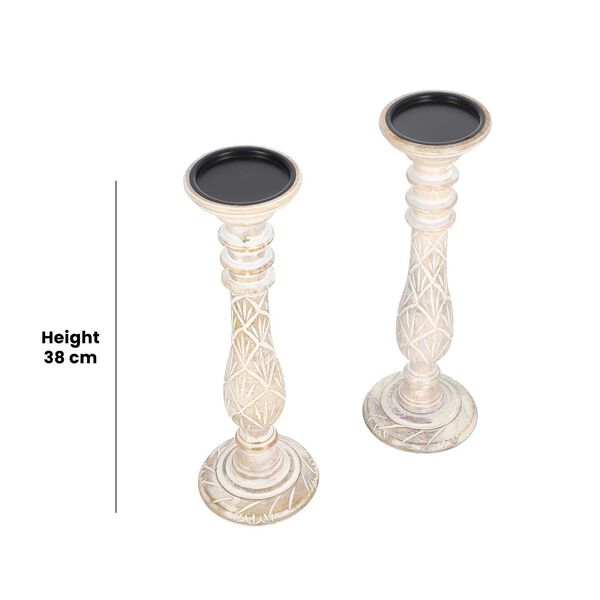 Set aus 2 antiken geschnitzten Holzkerzenhaltern mit rundem St&auml;nder, 38cm, Altwei&szlig; image number 6