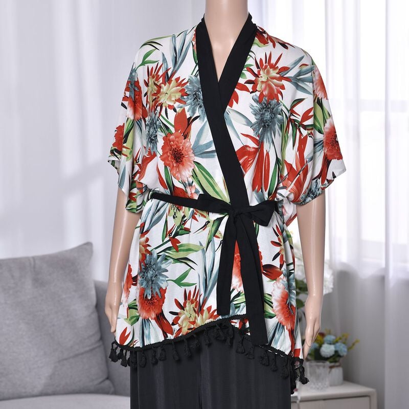 Kurzärmeliger Kimono mit Blumendruck, schwarzem Gürtel, mehrfarbig image number 0