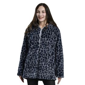 LA MAREY - Kunstfell Wintermantel mit Kapuze, Leopardenmuster, Gr&ouml;&szlig;e M, Grau 