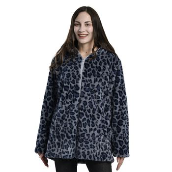 LA MAREY - Kunstfell Wintermantel mit Kapuze, Leopardenmuster, Gr&ouml;&szlig;e M, Grau 