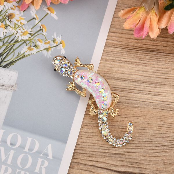 Harz und mehrfarbige Kristall-Brosche in Goldton, Eidechse image number 2