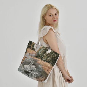 Gewebte Jute-Tasche mit Schwanenfamilie, mehrfarbig