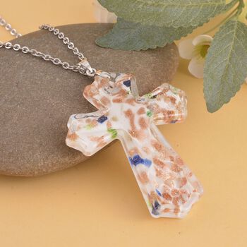 Kreuz-Anh&auml;nger im Murano-Stil  mit 60cm Kette, Wei&szlig;
