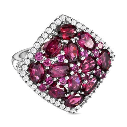 Rhodolith Granat und Zirkon-Cluster-Ring, 925 Silber platiniert, 8,70 ct.