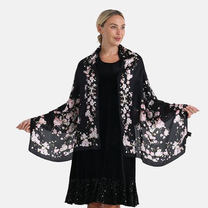 LA MAREY Signature Seidenschal aus 100% Maulbeerseide, 55 x 170 cm, Schwarz Floral