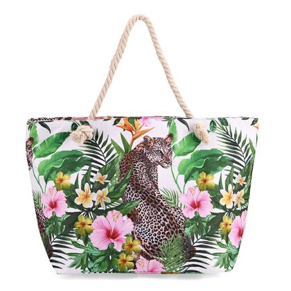 Mehrfarbige Leoparden und Blumenmotiven- Gro&szlig;e Tragetasche mit Rei&szlig;verschluss, Innentasche, ca. 40.5x 18 x38 cm