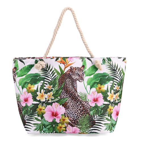  lifestyle-Color:flower with leopard ;  Size/Profile:tote bag; Wall (exterior):Polyester,Lining (Interior):polyester  Pockets (exterior):Zipped-1;Pockets (interior):slip-1;Measurement (inches):15.95*7.08*14.96inch;  Closure Type: zipped; Hardware Type: Me