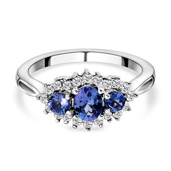 Tansanit und wei&szlig;er Zirkon-Ring, 925 Silber platiniert (Gr&ouml;&szlig;e 16.00) ca. 0,89 ct