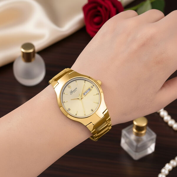 GENOA TIME V2 Uhr mit Japanischem VJ33 Quarzwerk, 36 mm, Zifferblatt mit Kristallen und Datumsanzeige, Armband aus Wolframstahl, 3 ATM wasserdicht, vergoldet image number 3