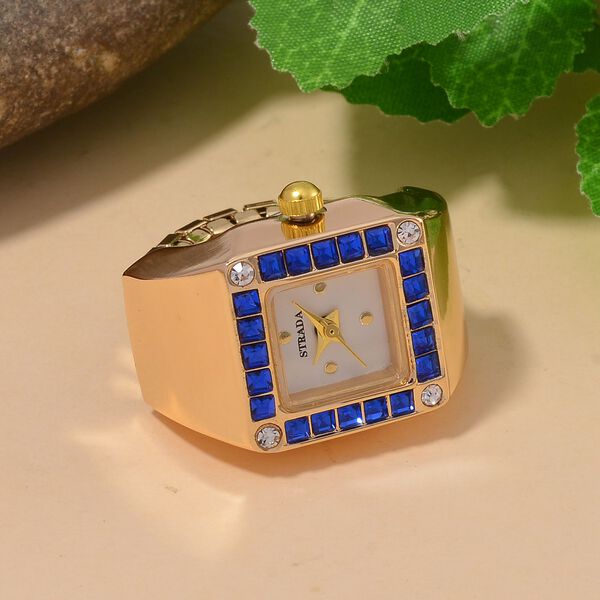 STRADA - Ringuhr mit blauem Kristall und Weißkristall, Japanischem Uhrwerk, 7.5 cm, Reiner Edelstahl, vergoldet image number 2