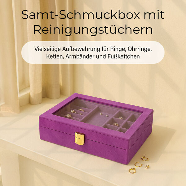 Samt Schmuckbox mit 5 Silberputztüchern, 20x15x5cm, Fuchsia image number 2