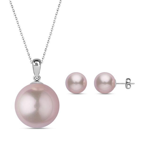 Muschelkernperle Schmuckset, Rosa, 925 Silber rhodiniert, Edelstahl-Kette