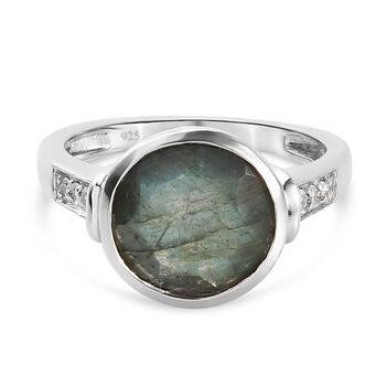 Labradorit und Zirkon-Ring, 925 Silber platiniert (Gr&ouml;&szlig;e 16.00) ca. 3,03 ct