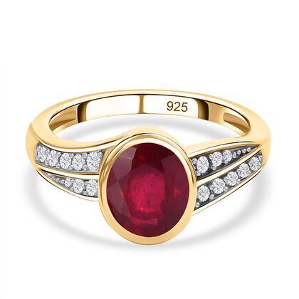 Afrikanischer Rubin (Fissure gef&uuml;llt), Wei&szlig;er Zirkon Ring 925 Silber vergoldet (Gr&ouml;&szlig;e 21.00) ca. 2.91 ct