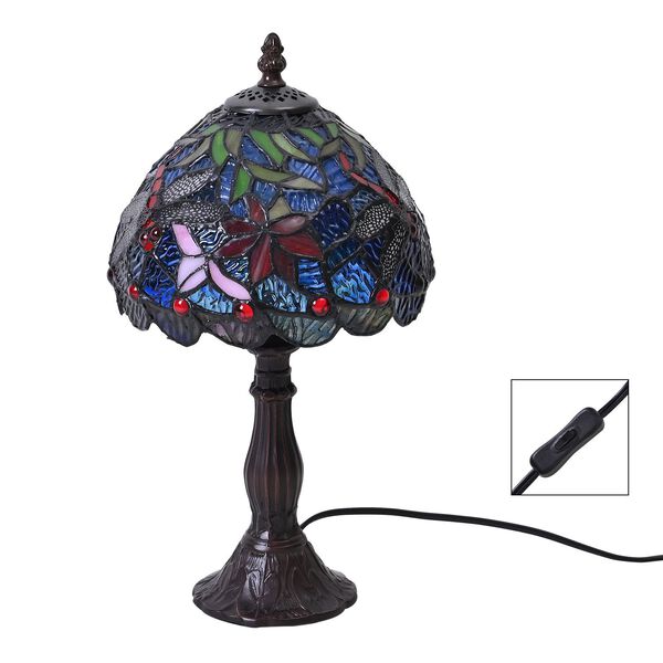 Art-Decor Lampe im Tiffany-Stil mit Buntglas und Aluminium, Handarbeit, E14 Fassung - 25W, 36 cm, blaue Libelle image number 2