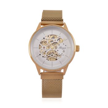 GENOA Automatik Mechanische Uhr mit Wei&szlig;em Sonnenschein-Hohlzifferblatt und Modernem Minimalistischem Runddesign, goldfarben