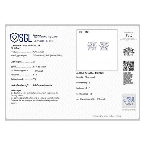 LUXURIANT DIAMOND- SGL zertifizierte VS-EF Labor Diamant Ohrstecker in 585 Weißgold - 2 ct. image number 5
