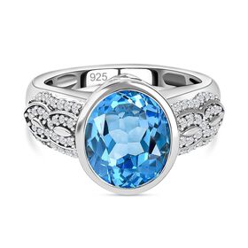 Elektrischer Blau Topas, Weißer Zirkon Ringe 925 Silber platiniert (Größe 16.00) ca. 5.00 ct
