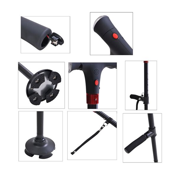 Klappbarer Smart-Walking-Stick mit drehbarem LED-Frontlicht und SOS-Alarm, Schwarz image number 7