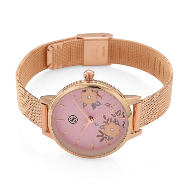STRADA Uhr mit Japanischem PC21S Werk, Edelstahl-Mesharmband, florales Zifferblatt Rosa mit Wei&szlig;em Kristall, Ros&eacute;vergoldet image number 5