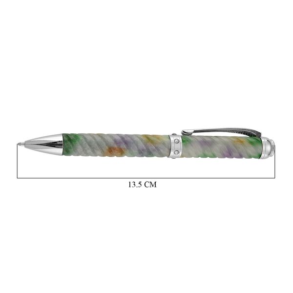 Mehrfarbiger Jadeit Kugelschreiber, fein geschnitzt im gedrehten Design, mit wei&szlig;em Kristall und rhodiniertem Legierungsmetall image number 4