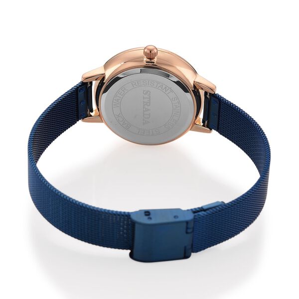 STRADA Uhr mit Japanischem PC21S Werk, Edelstahl-Mesharmband Blau, Gehäuse Roségoldfarben, florales Zifferblatt Weiß mit Weißem Kristall image number 6