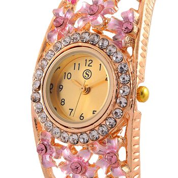 Strada - Elegante Bangle-Uhr mit Gold-Sonne-Zifferblatt, Lila und wei&szlig;e Kristallen, Japanischem Uhrwerk, Reiner Edelstahl, emailliert, Rosa