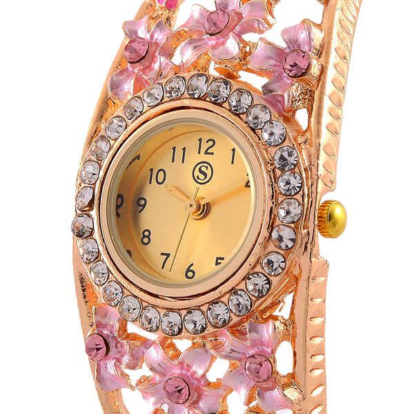 Strada - Elegante Bangle-Uhr mit Gold-Sonne-Zifferblatt, Lila und wei&szlig;e Kristallen, Japanischem Uhrwerk, Reiner Edelstahl, emailliert, Rosa image number 3