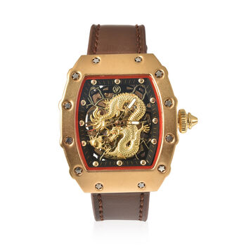 Genoa - Goldene Automatik Drachen-Uhr, transparentes Ziffernblatt, echtes Leder-Armband, wasserdicht bis 3 ATM, Goldfarben