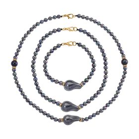 3er Set Pfauenfarbene Muschelkernperlen-Schmuckstücke, bestehend aus Armband (ca. 19 cm) und zwei Halsketten (ca. 40 cm und 50 cm), gelb vergoldet