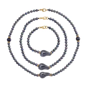 3er Set Pfauenfarbene Muschelkernperlen-Schmuckst&uuml;cke, bestehend aus Armband (ca. 19 cm) und zwei Halsketten (ca. 40 cm und 50 cm), gelb vergoldet