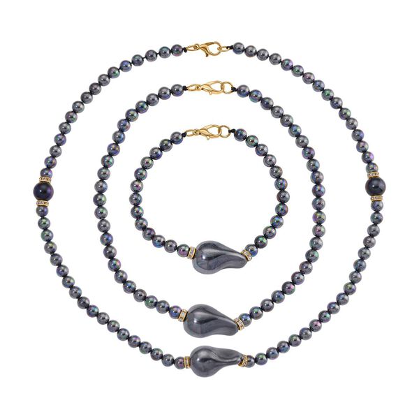 3er Set Pfauenfarbene Muschelkernperlen-Schmuckst&uuml;cke, bestehend aus Armband (ca. 19 cm) und zwei Halsketten (ca. 40 cm und 50 cm), gelb vergoldet image number 0