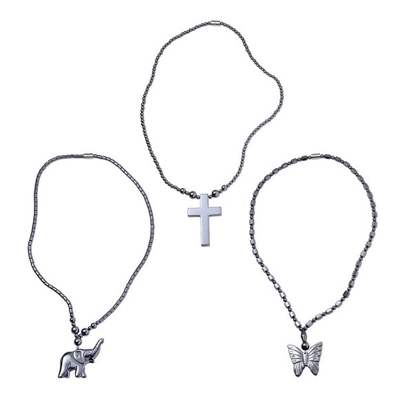 3er Set Hämatit Halsketten mit Elefant, Schmetterling und Kreuz ca. 727.65 ct image number 0